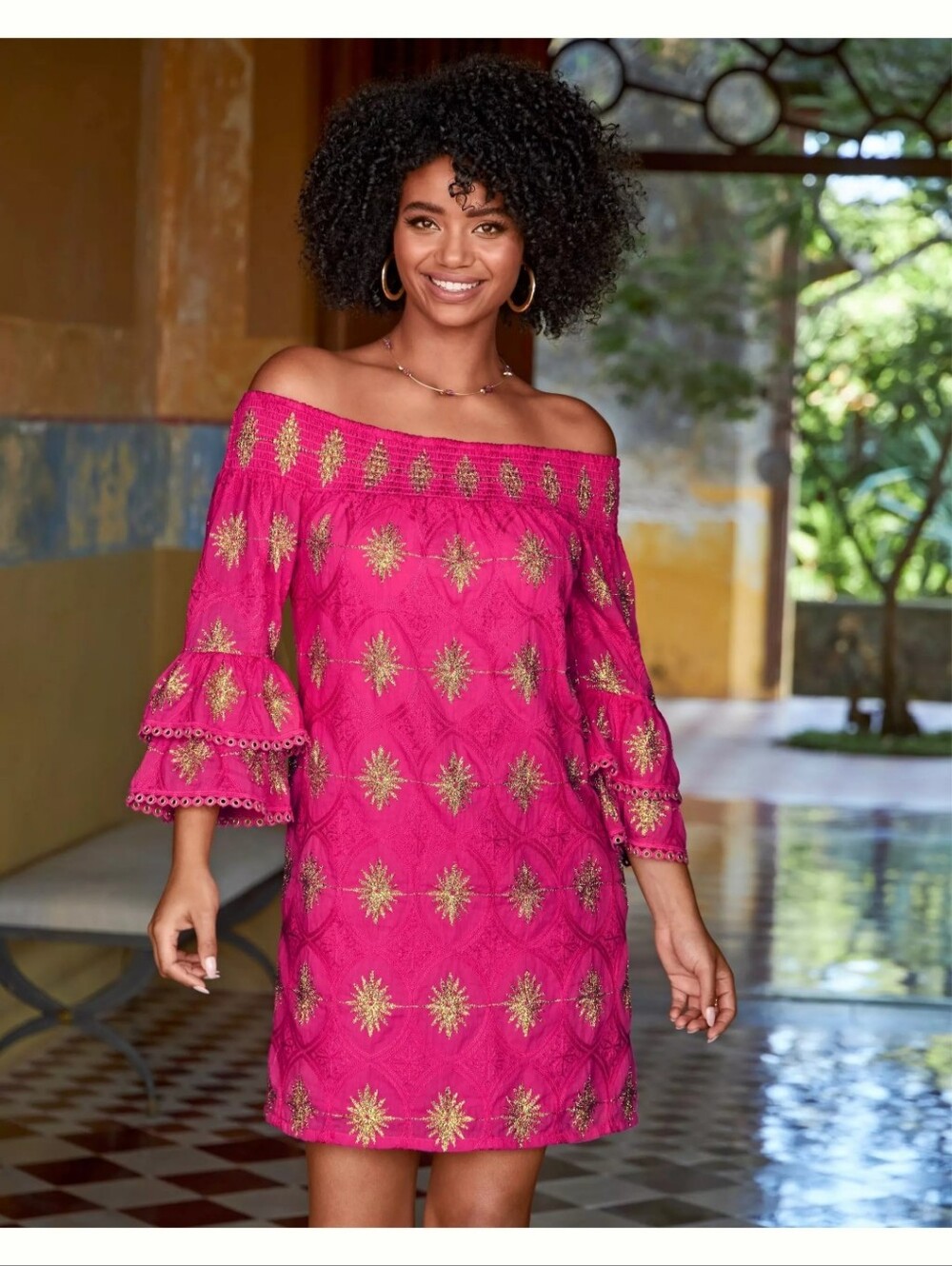 Boston Proper Metalic Detail Off-the-Shoulder Embroidered Mini Dress In Blossom